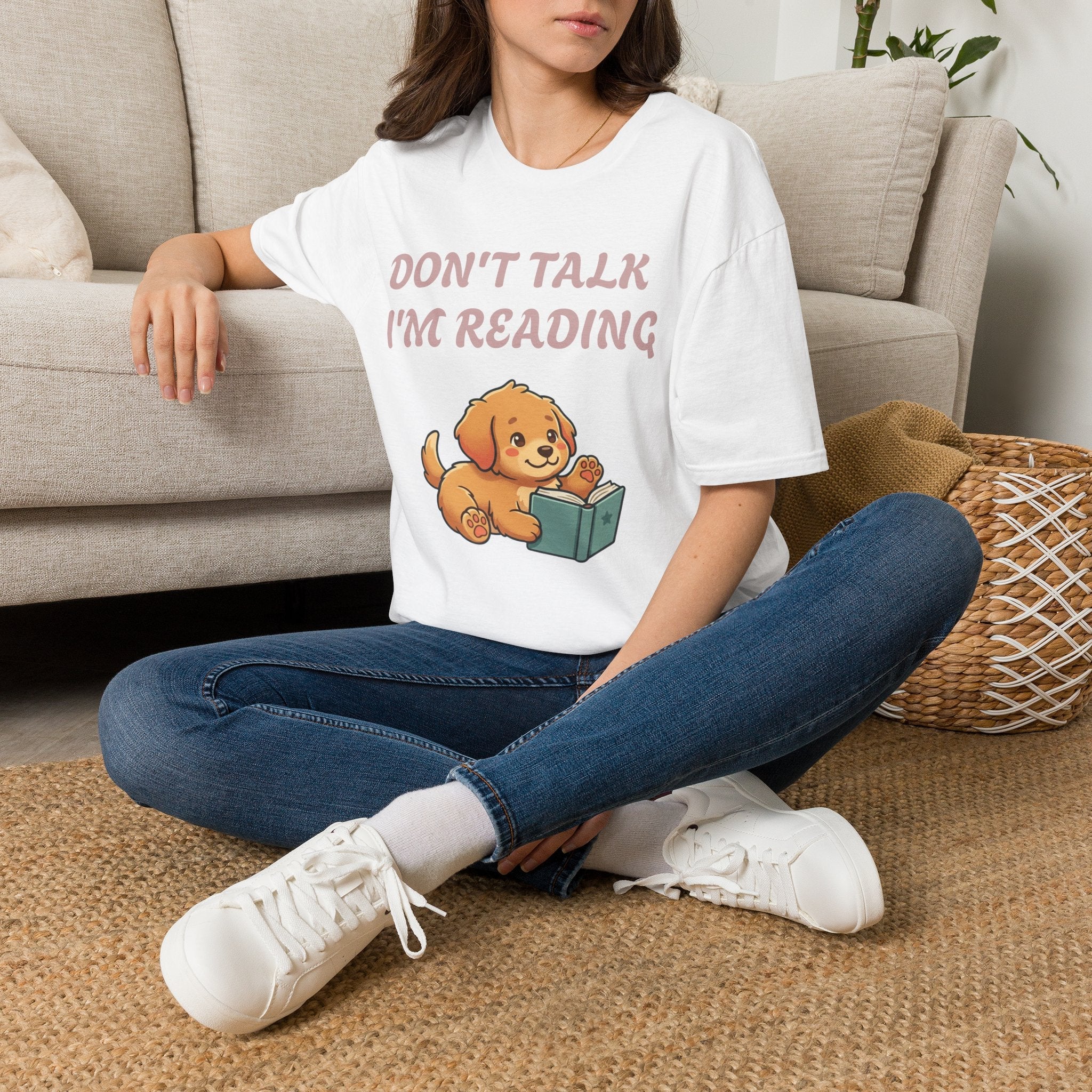 "Don't Talk I'm Reading" puppy graphic tee – 100% ring-spun cotton, unisex