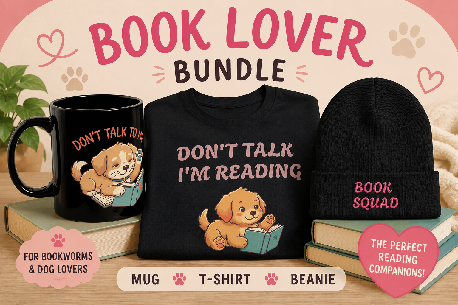 Book lover gift bundle – mug, graphic tee, and beanie set for readers